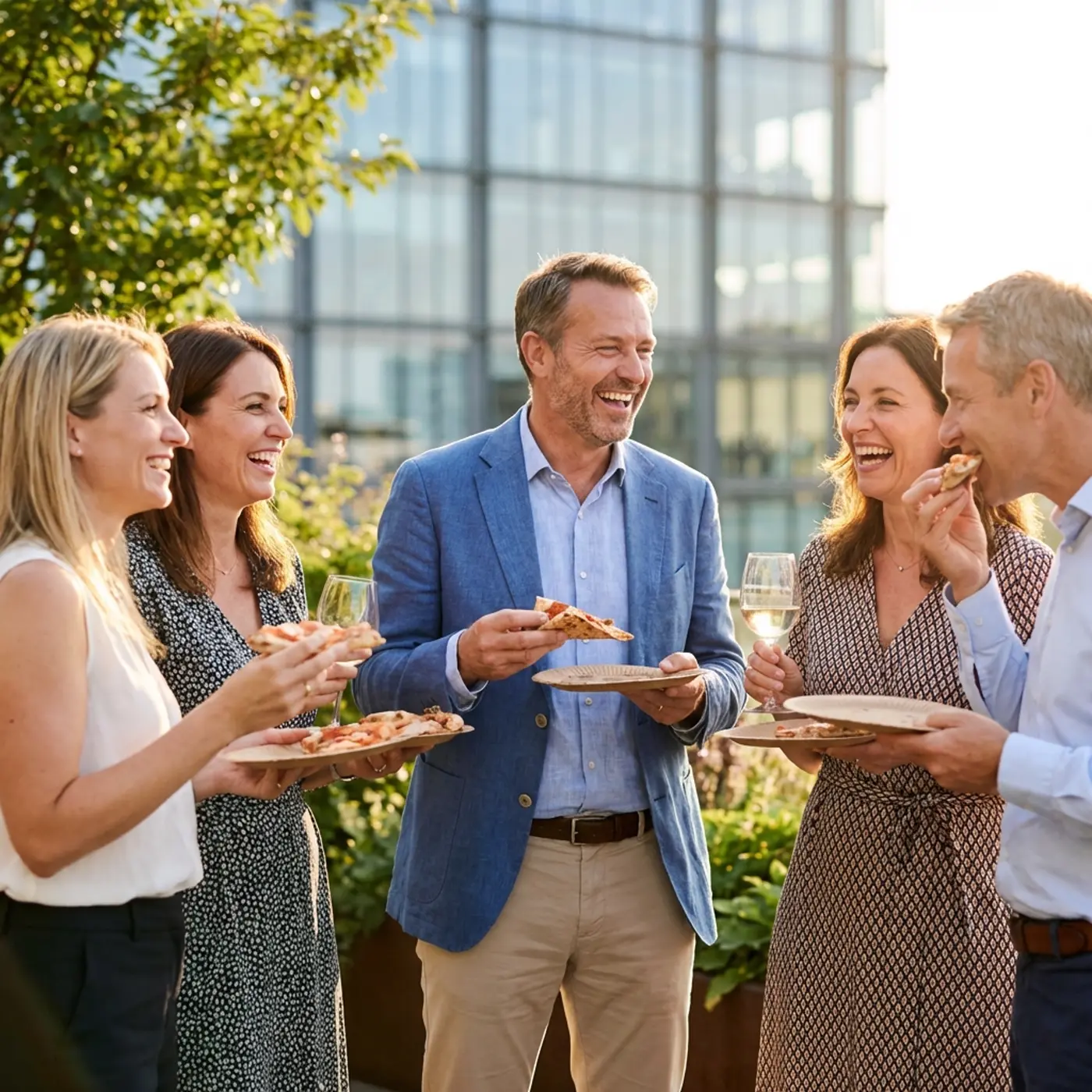Geschäftsleute genießen gemeinsam frische Pizza bei einem Business Event